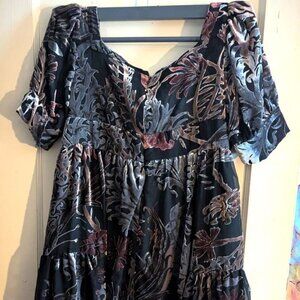 Walter Floral Velvet Babydoll Mini Dress XS Black Puff Sleeve V-Neck Chic